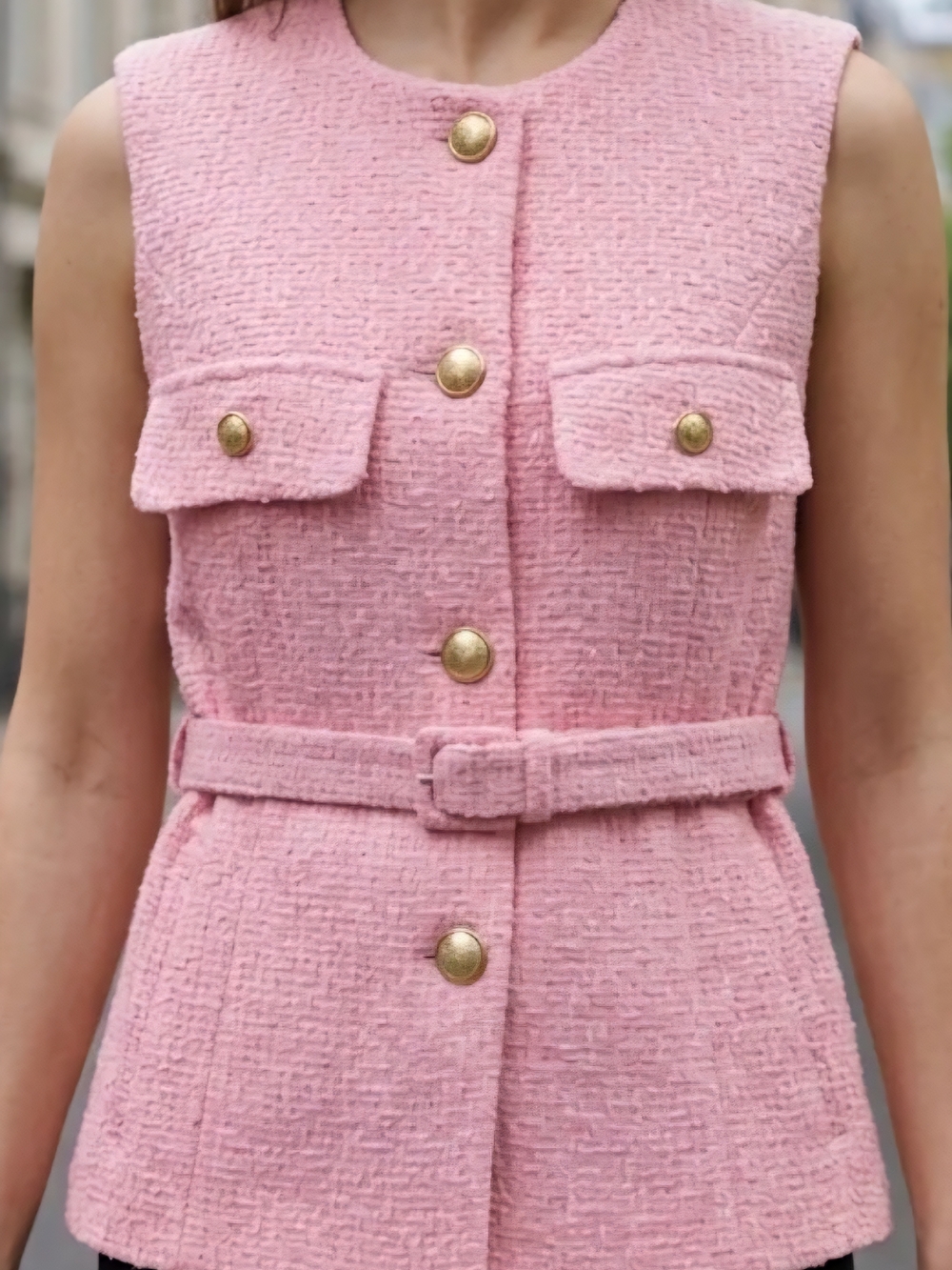 Zara Pink Bouclé Sleeveless Belted Vest with Gold Buttons